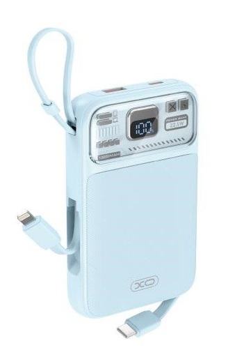 XO PR243 power bank 10000 mAh (Kék) – gyorstöltés 22.5W, digitális kijelző, USB-C és Lightning kábel
