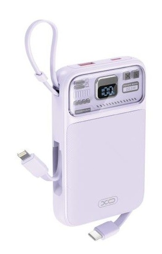 XO PR243 power bank 10000 mAh (Lila) – gyorstöltés 22.5W, digitális kijelző, USB-C és Lightning kábel