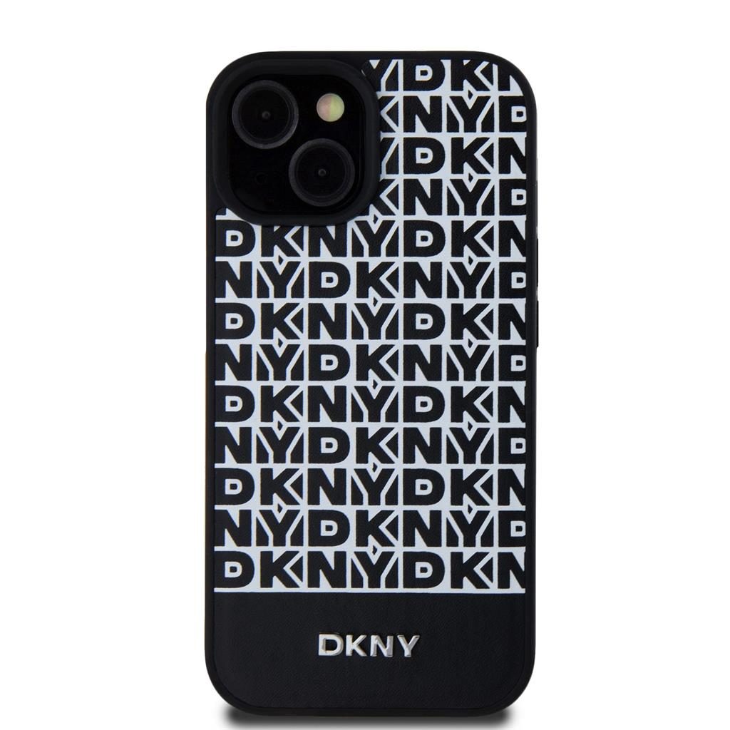 Apple iPhone 15 DKNY PU Leather Repeat Pattern Bottom Stripe MagSafe hátlap tok (Fekete - DKHMP15SPSOSPK)