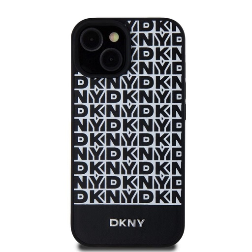 Apple iPhone 15 DKNY PU Leather Repeat Pattern Bottom Stripe MagSafe hátlap tok (Fekete - DKHMP15SPSOSPK)