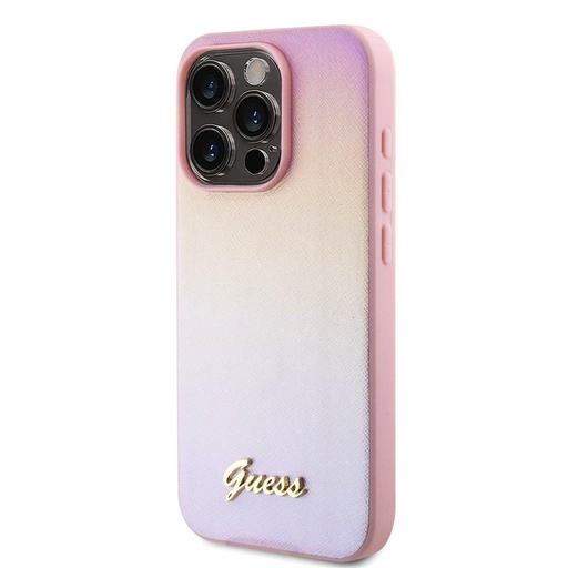 Apple iPhone 15 Pro Max Guess PU Leather Iridescent Metal Script tok (Rózsaszín) - GUHCP15XPSAIRSP