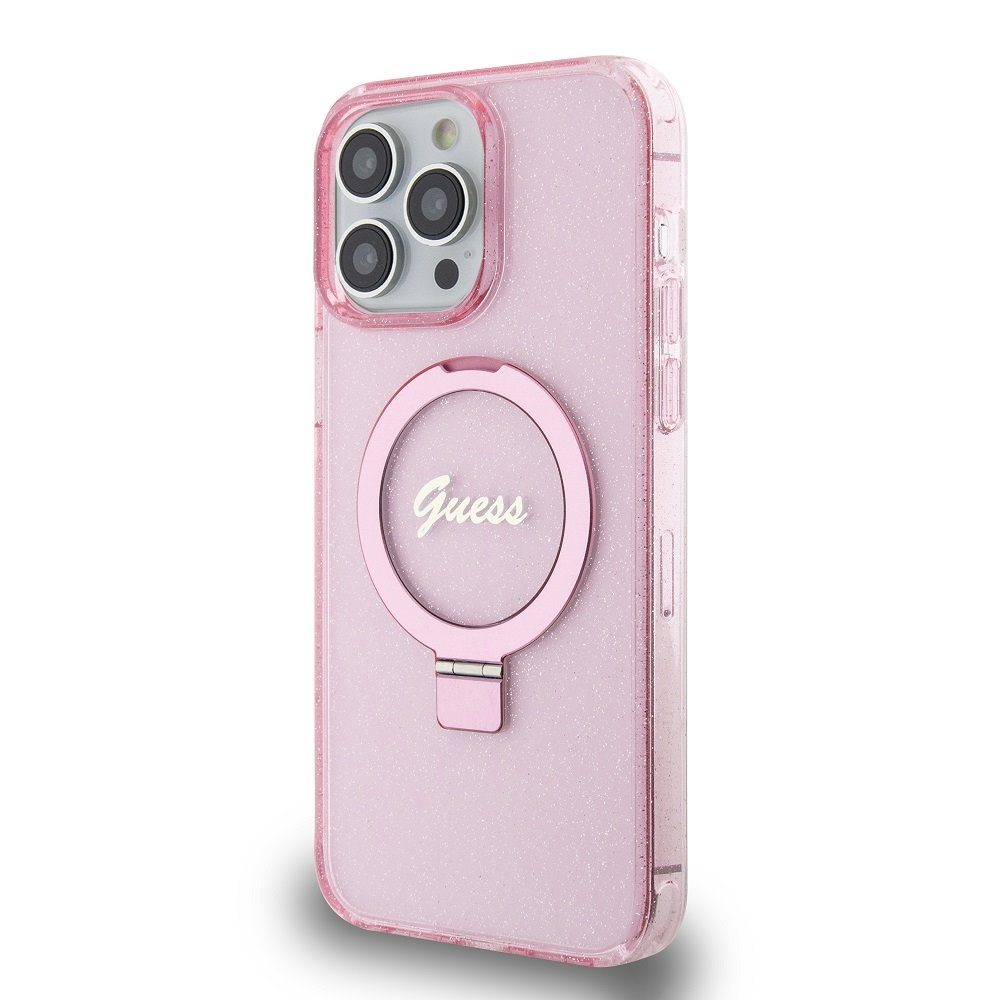 Apple iPhone 15 Pro Max Guess IML Ring Stand Glitter MagSafe tok (Rózsaszín) - GUHMP15XHRSGSP