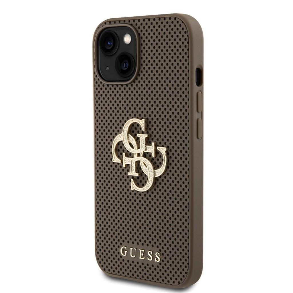 Apple iPhone 15 Guess PU Perforált 4G Glitter Metal Logo tok (Taupe) - GUHCP15SPSP4LGE