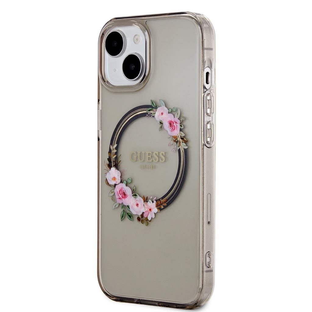 Apple iPhone 15 Guess Flowers Ring MagSafe tok (Fekete) - GUHMP15SHFWFCK