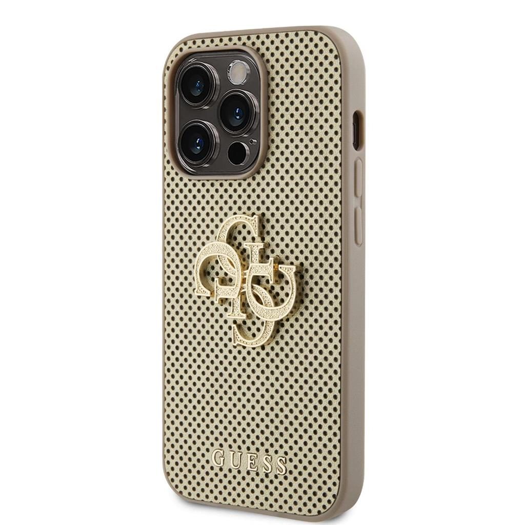 Apple iPhone 15 Pro Guess PU Perforált 4G Glitter Metal Logo tok (Arany) - GUHCP15LPSP4LGD
