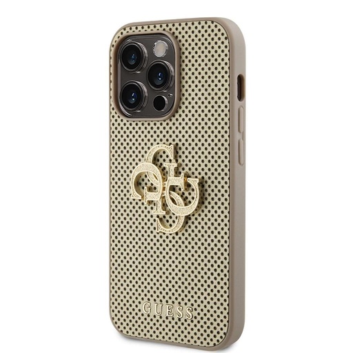 Apple iPhone 15 Pro Guess PU Perforált 4G Glitter Metal Logo tok (Arany) - GUHCP15LPSP4LGD