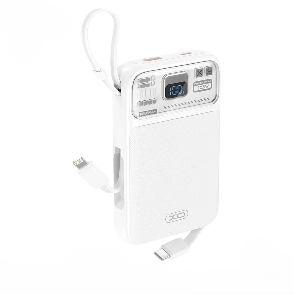 XO PR243 power bank 10000 mAh (Fehér) – gyorstöltés 22.5W, digitális kijelző, USB-C és Lightning kábel