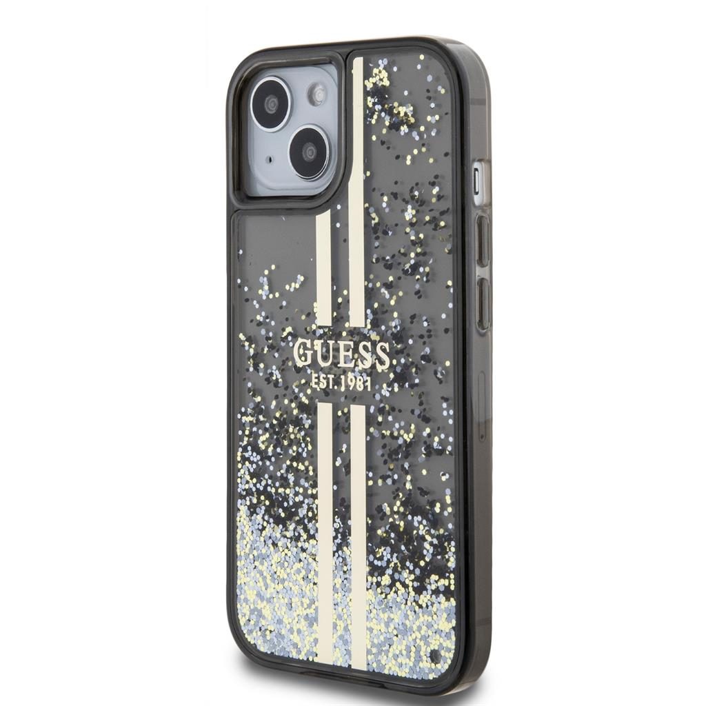 Apple iPhone 15 Guess Liquid Glitter Gold Stripe tok (Fekete) - GUHCP15SLFCSEGK