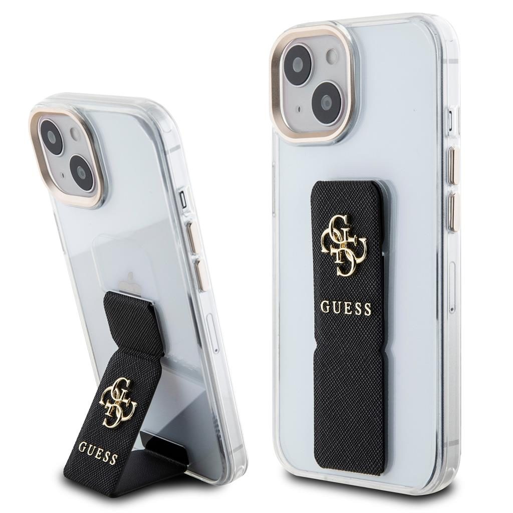 Apple iPhone 15 Guess PU Grip Stand 4G Metal Logo tok (Fekete) - GUHCP15SHGSSA4K