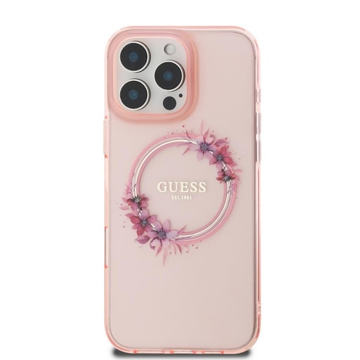 Apple iPhone 16 Pro Guess IML Flowers Ring MagSafe tok (Rózsaszín) - GUHMP16LHFWFCP