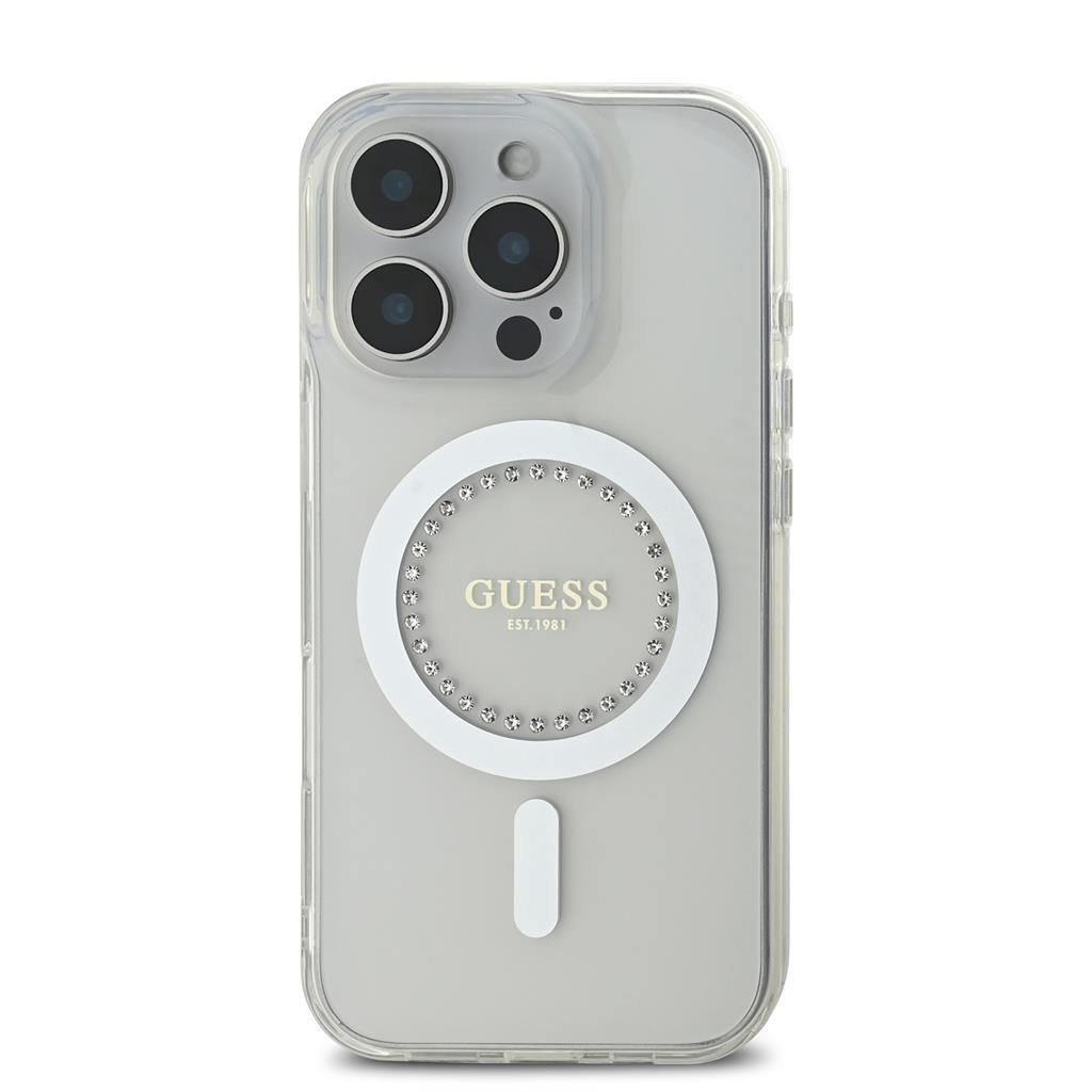 Apple iPhone 16 Pro Guess IML Rhinestones Ring MagSafe tok (Fehér) - GUHMP16LPFTDTEH