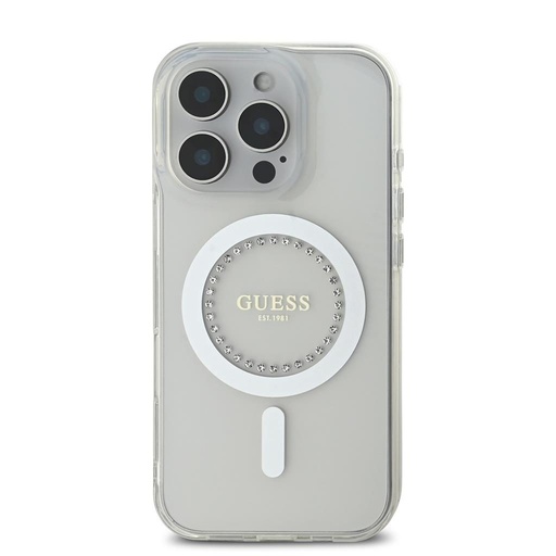 Apple iPhone 16 Pro Guess IML Rhinestones Ring MagSafe tok (Fehér) - GUHMP16LPFTDTEH