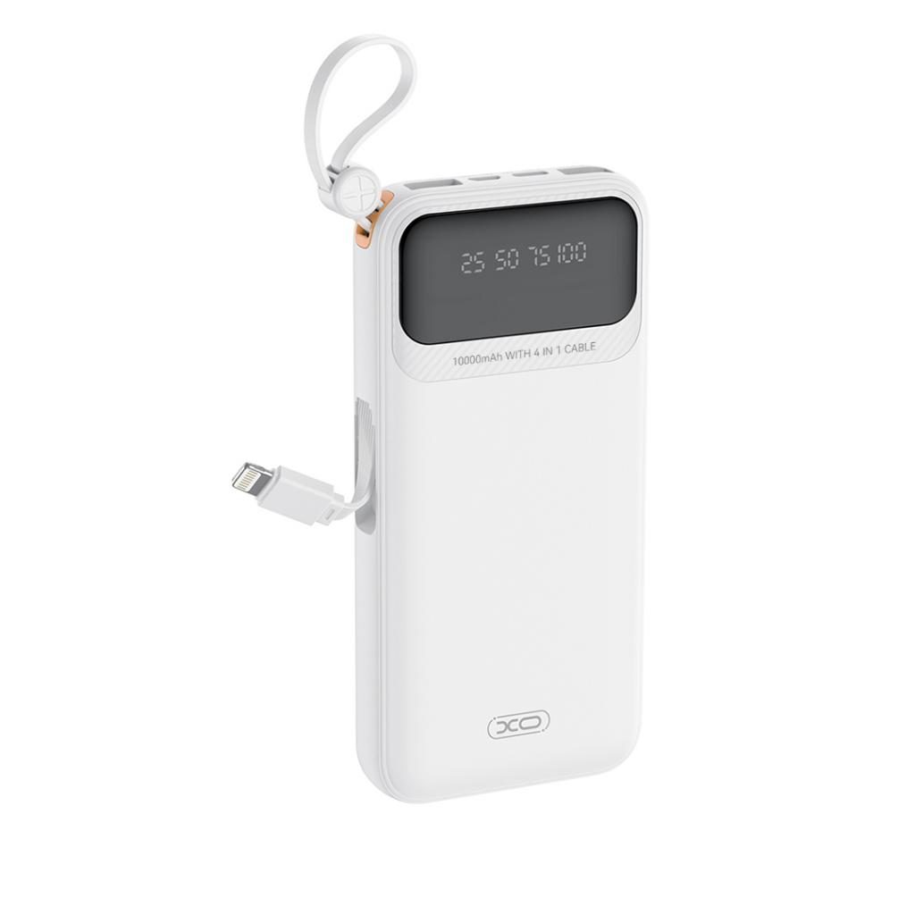 XO PR278 power bank 10000 mAh (Fehér) – digitális kijelző, 4 beépített kábel (USB-A, USB-C, MicroUSB, Lightning)