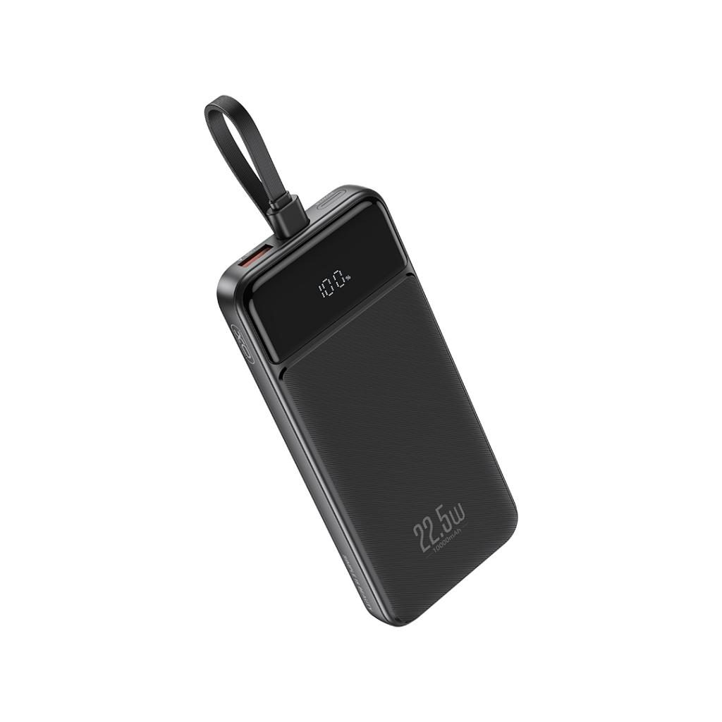 XO PR274 power bank 10000 mAh (Fekete) – digitális kijelző, PD 20W + QC 22.5W, 3 beépített kábel (2× USB-C, 1× Lightning)