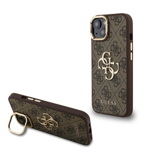 Apple iPhone 15 Guess PU 4G Metal Logo Stand Camera Frame tok (Barna) - GUHCP15SPCS4GP4W