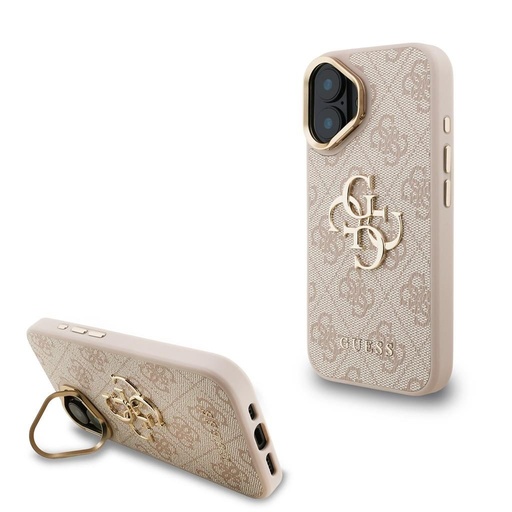 Apple iPhone 16 Guess PU 4G Metal Logo Stand Camera Frame tok (Rózsaszín) - GUHCP16SPCS4GP4P