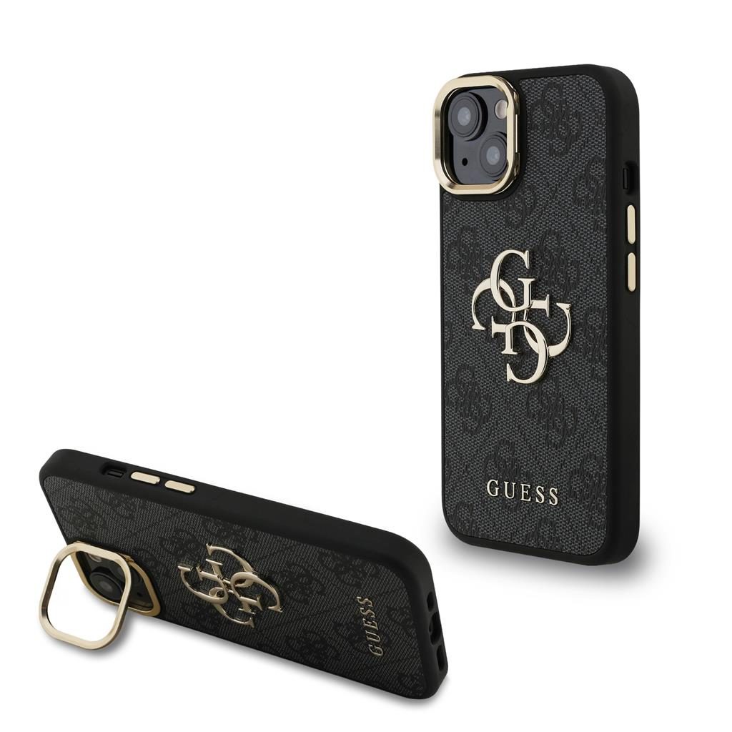 Apple iPhone 15 Guess PU 4G Metal Logo Stand Camera Frame tok (Fekete) - GUHCP15SPCS4GP4K