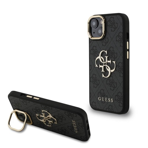 Apple iPhone 15 Guess PU 4G Metal Logo Stand Camera Frame tok (Fekete) - GUHCP15SPCS4GP4K