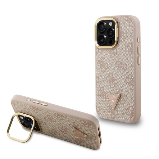Apple iPhone 15 Pro Guess PU 4G Strass Triangle Logo Stand Camera Frame MagSafe tok (Rózsaszín) - GUHMP15LPCS4GPTP