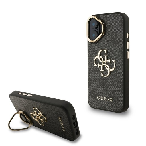 Apple iPhone 16 Guess PU 4G Metal Logo Stand Camera Frame tok (Fekete) - GUHCP16SPCS4GP4K
