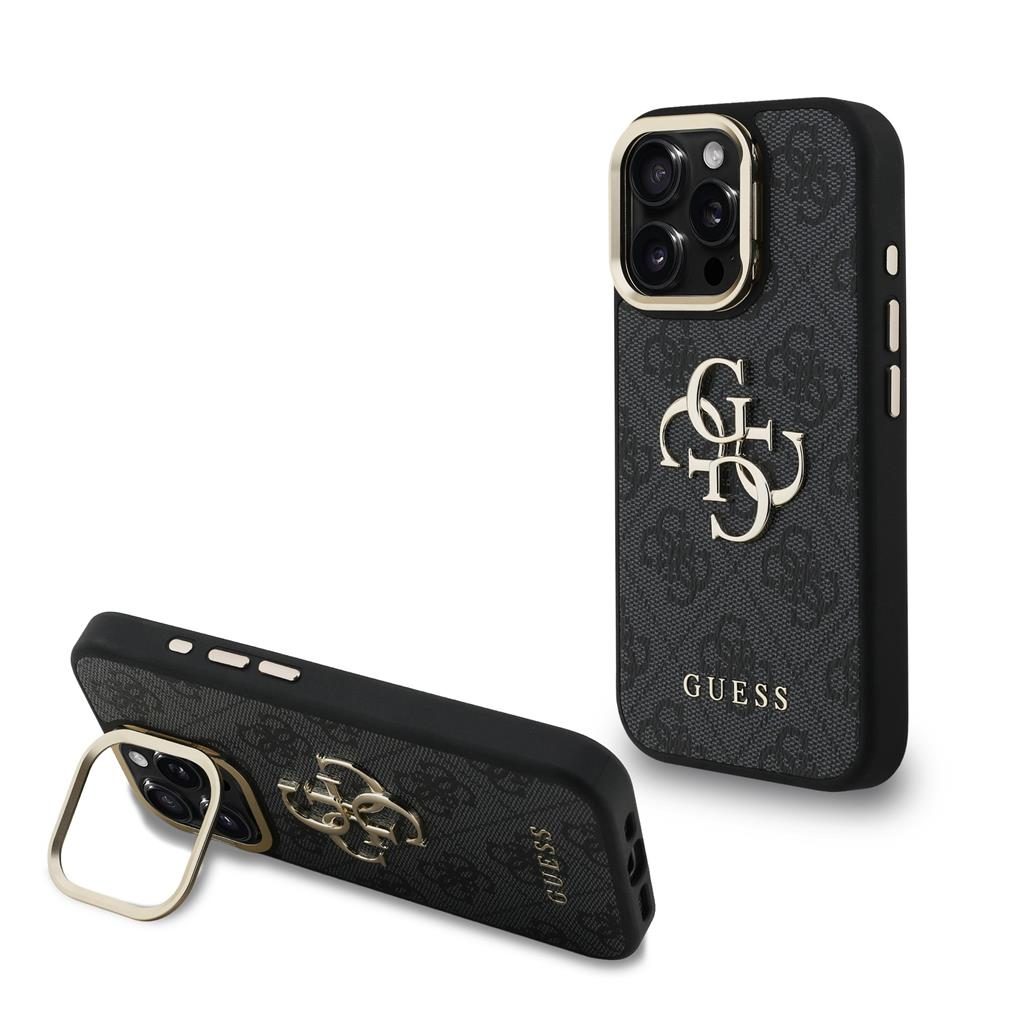 Apple iPhone 16 Pro Max Guess PU 4G Metal Logo Stand Camera Frame tok (Fekete) - GUHCP16XPCS4GP4K