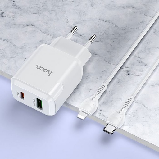Hoco N5 hálózati gyorstöltő (QC + PD csatlakozó) PD lightning kábel, PD20W + QC3.0, fehér