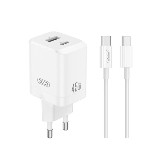 XO CE36 GaN fali töltő 45W 1x USB-C + 1x USB-A + Type-C kábel (Fehér)
