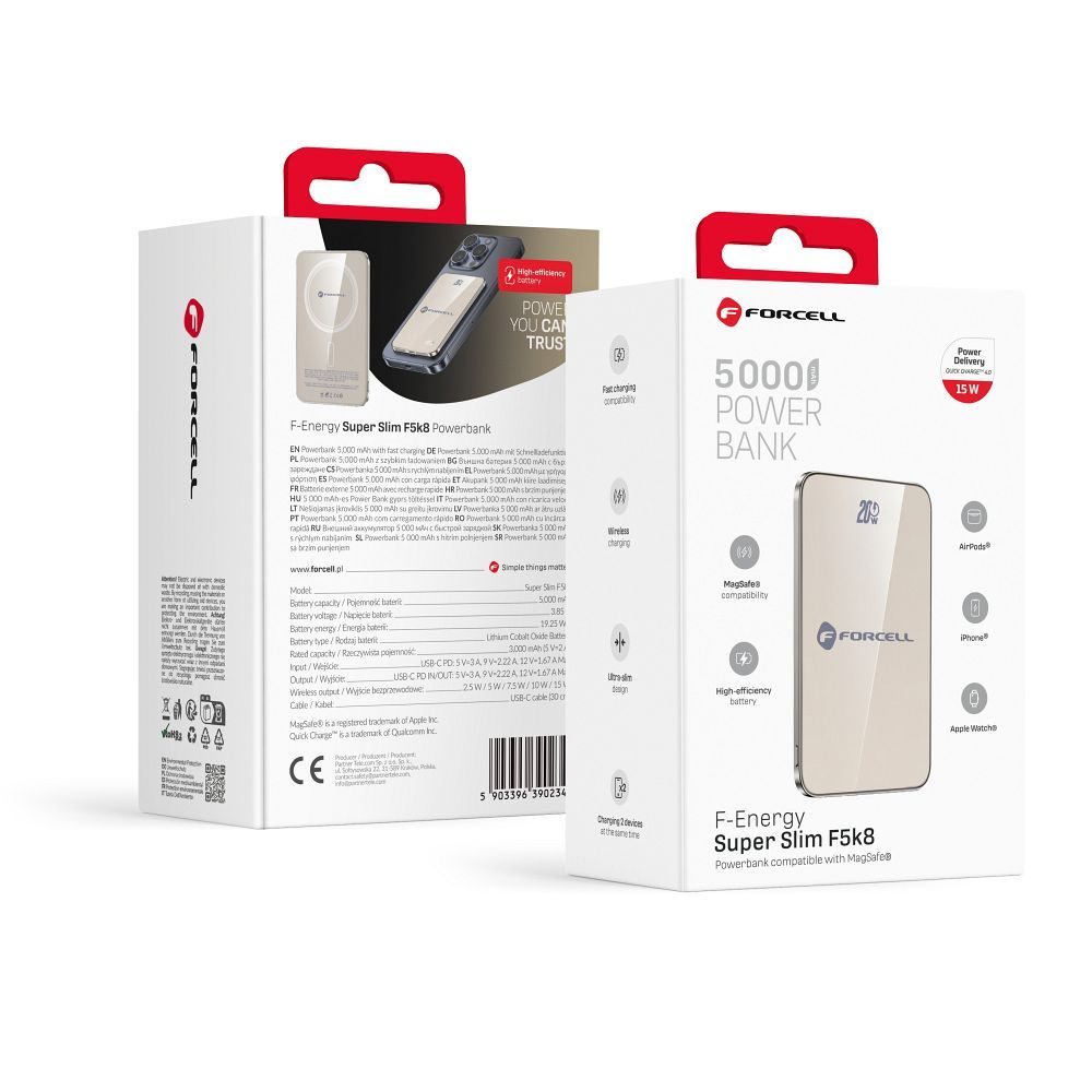Forcell F-Energy SuperSlim F5K8 MagSafe power bank 15W 5000 mAh (Szürke)