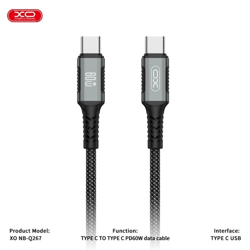 XO NB-Q267 mágneses USB-C–USB-C adatkábel (Fekete) – 1 m, fonott kivitel, 60W