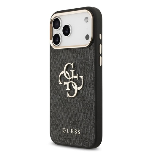 Guess PU Leather 4G Metal Logo Gold Frame iPhone 17 Pro Max (Fekete)