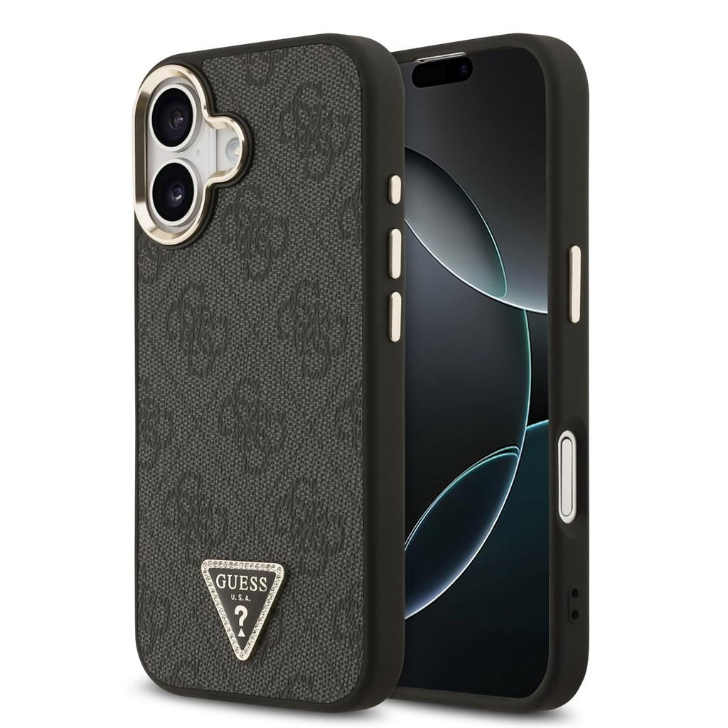 Guess PU Leather 4G Strass Triangle Logo Gold Frame MagSafe tok iPhone 17 (Fekete) - GUHMP17SP4GTDGMK