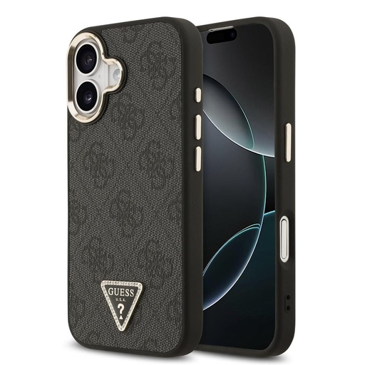 Guess PU Leather 4G Strass Triangle Logo Gold Frame MagSafe tok iPhone 17 (Fekete) - GUHMP17SP4GTDGMK