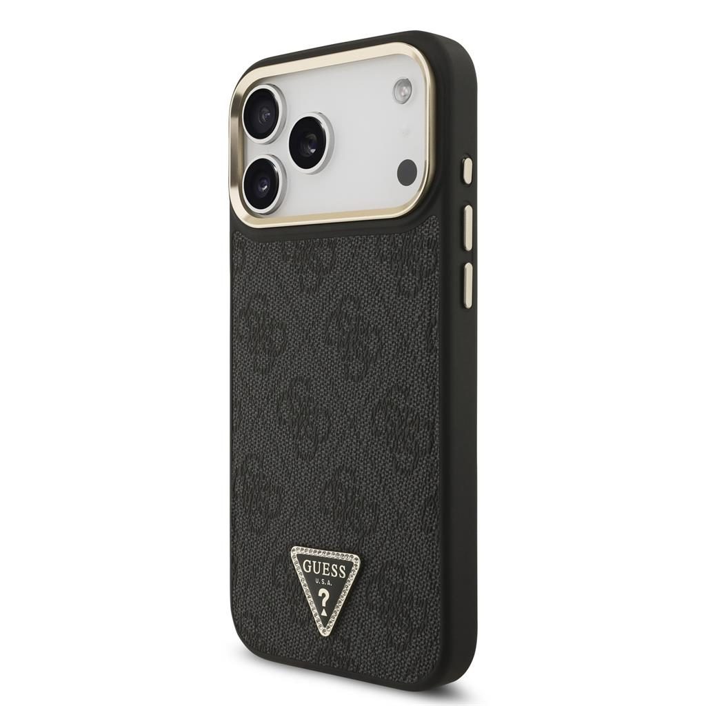 Guess PU Leather 4G Strass Triangle Logo Gold Frame MagSafe tok iPhone 17 Pro Max (Fekete)