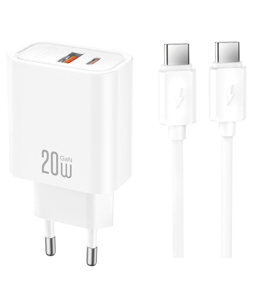 XO CE40(EU) hálózati gyorstöltő + Type-C kábel (Fehér) - 20W, 1xUSB-A + 1xUSB-C, NB299 szett