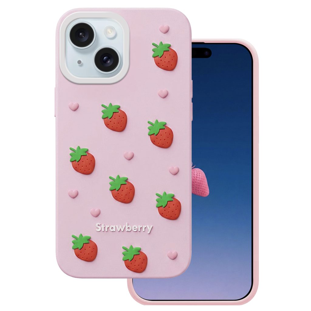Apple iPhone 13 / iPhone 14 / iPhone 15 Strawberry hátlap tok (Rózsaszín)