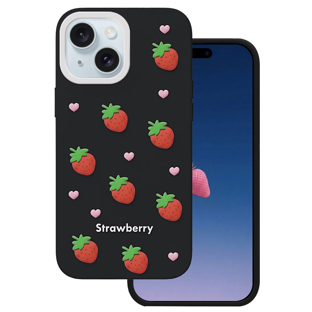 Apple iPhone 13 / iPhone 14 / iPhone 15 Strawberry hátlap tok (Fekete)
