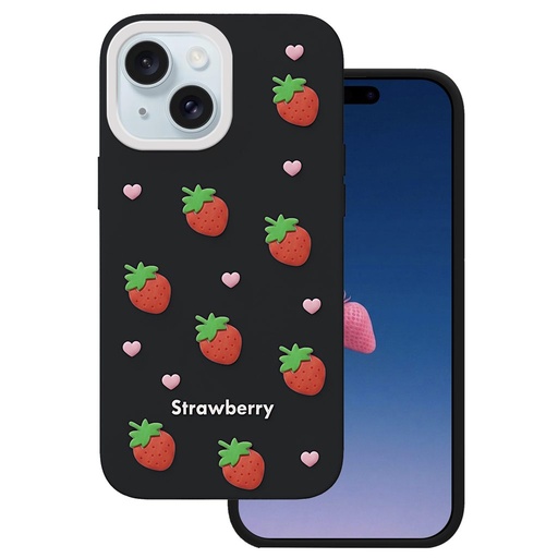 Apple iPhone 13 / iPhone 14 / iPhone 15 Strawberry hátlap tok (Fekete)
