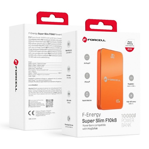 Forcell F-Energy SuperSlim F10K8 MagSafe 15W külső akkumulátor / powerbank (Narancssárga) - 10000 mAh