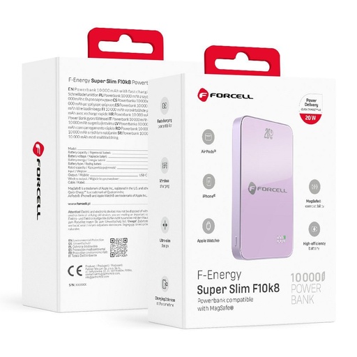 Forcell F-Energy SuperSlim F10K8 MagSafe 15W külső akkumulátor / powerbank (Lila) - 10000 mAh