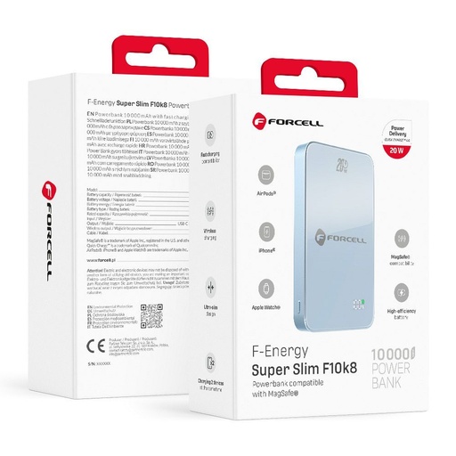 Forcell F-Energy SuperSlim F10K8 MagSafe 15W külső akkumulátor / powerbank (Kék) - 10000 mAh