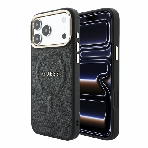 Apple iPhone 18 Pro Guess Leather 4G Gold Frame Embossed MagSafe bőr védőtok (Fekete) (GUHMP18LP4MSEGCK)