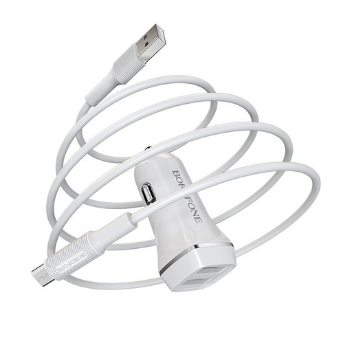 Borofone BZ2 autós töltő (2 USB port, microUSB kábel), 5V 2,4A, fehér