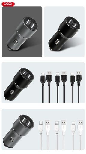 XO TZ09 autós töltő (Fekete) – 2×USB, Lightning kábel, alumínium ház, 12W