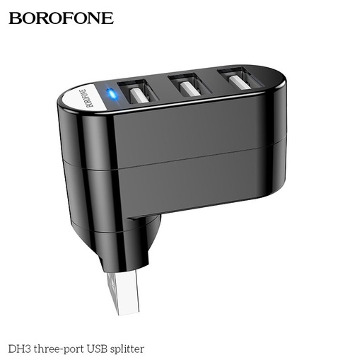 Borofone DH3 USB elosztó HUB adapter, USB csatlakozó és 3x USB aljzat, fekete