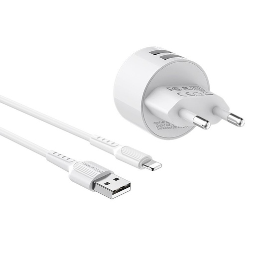 Borofone BA23A hálózati töltő (2 USB port), lightning kábel, 5V 2,4A, fehér