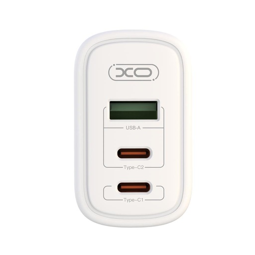 XO CE04 gyorstöltő max. 65W (Fehér) – USB-C PD + USB-A QC, Type-C kábellel