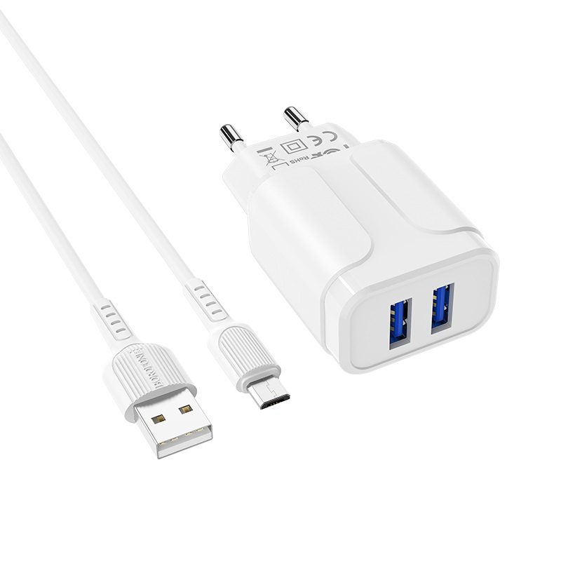 Borofone BA37A hálózati töltő (2 USB port), lightning kábel, 5V 2,4A, fehér