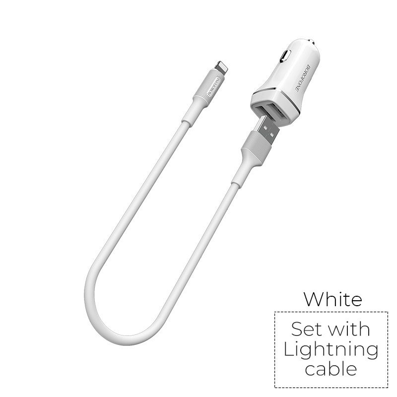 Borofone BZ2 autós töltő (2 USB port, lightning kábel), 5V 2,4A, fehér