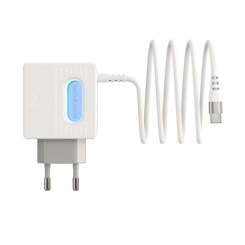 Borofone BA34 hálózati töltő (2 USB port, microUSB kábel), 5V 2,4A, fehér