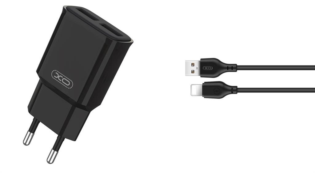 XO L92C 2.4A töltő (Fekete) – dupla USB csatlakozó, Lightning kábellel